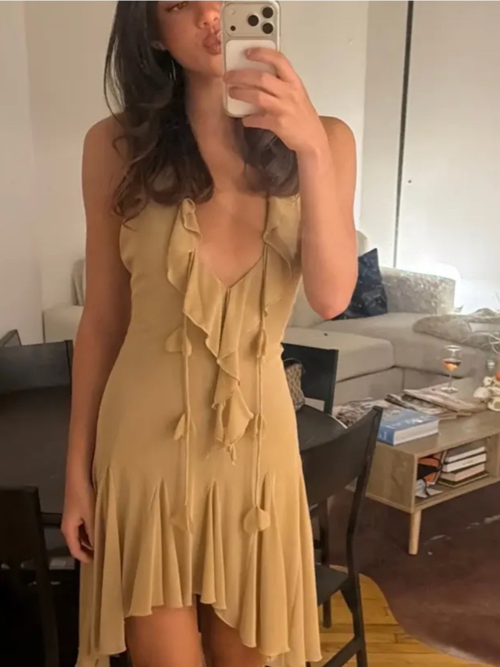 Zara Asymmetrical Ruffle V-Neck Slip Dress in Mustard